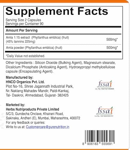 Pure Nutrition Amla Capsules (Indian Gooseberry) 1000 Mg Per Serving 180 Veg Capsules Amla Fruit Extract 500 Mg + Powder 500 Mg Standardized Extract NonGmo Herbal Supplement