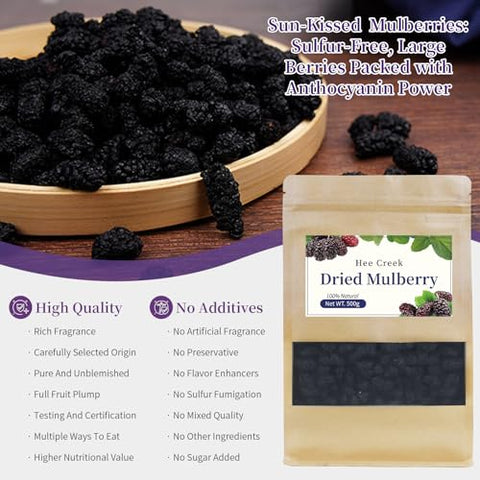 Hee Creek Large Dried Black Mulberries 17.64oz/500g Unprocessed Mulberry Tea No Sulfur Fumigation & No Sugar Nourishing and Soothe Ã©Â»â€˜Ã¦Â¡â€˜Ã¨â€˜Å¡ Ã¦Â¡â€˜Ã¨â€˜Å¡ Ã©Â»â€˜Ã¦Â¡â€˜Ã¦Â¤Â¹Ã¥Â¹Â²