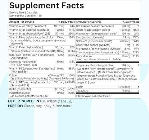 Micro Ingredients Pure Methylated Multivitamin For Men 240 Capsules 30 Essential Nutrients With Activated B Complex and Methylfolate + Saw Palmetto Ginseng Maca Lycopene Vitamin D3 and Zinc