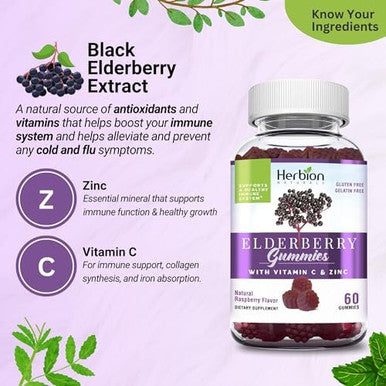 Herbion Elderberry Gummies With Vitamin C & Zinc Healthy Immune System Support Gluten & Gelatin 60 Gummies For Adults & Children 4 Years & Above Made In Usa 60 Count (Pack Of 1)