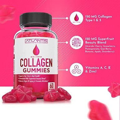 Atlantis Nutrition Collagen Peptides Gummies For Women - Formulated With Type I & Iii - Vitamin & Superfruit Beauty Blend - Formulated To Support Hair, Nail & Skin Health 60 Count
