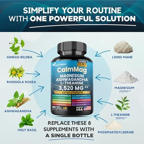 Best Magnesium Glycinate with Ashwagandha and LTheanine 14 in 1 Supplement 60 Capsules 3 Bottle