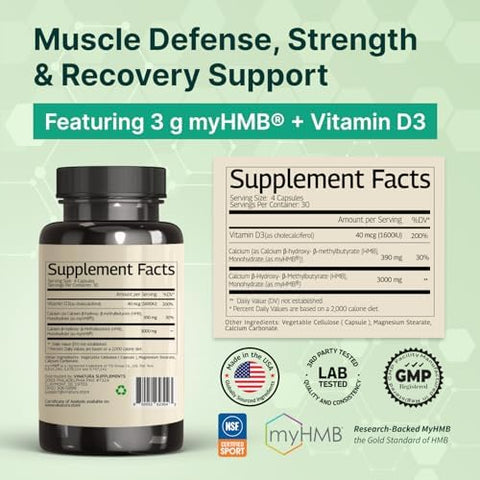 VINATURA HMB 3000mg and Vitamin D3 Supplement Muscle Defense with HMB (BetaHydroxy BetaMethylbutyrate) Vitamin D3 (1600 IU) Labs Tested and NSF Certified for Sport 120 Capsules