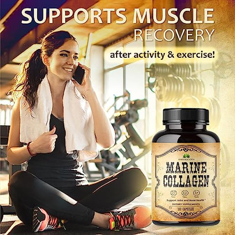 Herbalicious Marine Collagen Capsules - Non Gmo Gluten-Free Hydrolyzed Fish Collagen Supplements For Radiant Skin Hair Nails Joints & Bones - Made In Usa - 120 Capsules 30 Days Supply