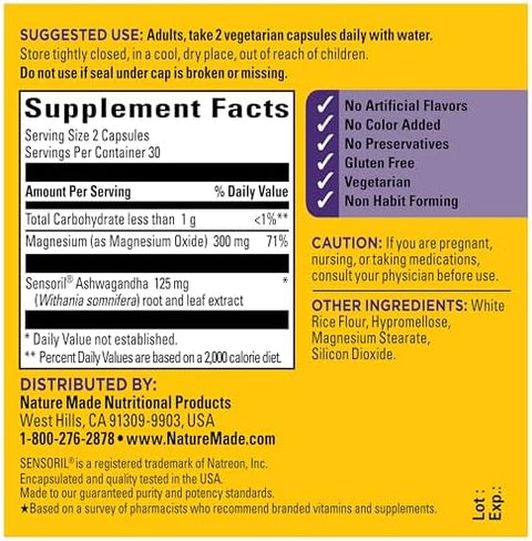 Nature Made Magnesium + Ashwagandha Capsules Stress Relief And Sleep Support Magnesium 300 Mg And Ashwagandha Supplements 60 Capsules 30 Day Supply