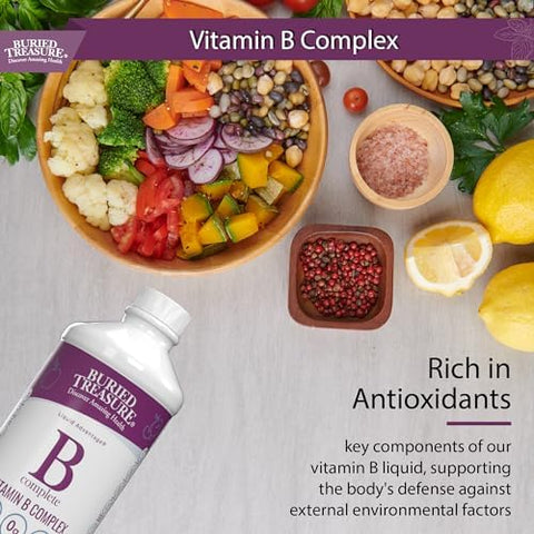 Buried Treasure B Complete Liquid Vitamin B Complex with MethylCobalamin B12 and MethylFolate B9 Biotin B1 B2B3 B5 B6 Liquid and SugarFree Women and Men Dose Cup for Measuring