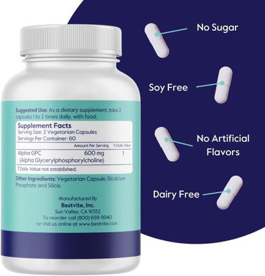 Bestvite Alpha GPC Choline 600mg Per Serving (120 Veggie Capsules) - No Stearates - Vegan - Non GMO - Gluten