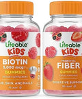Lifeable Biotin Kids + Prebiotic Fiber Kids Gummies Bundle Great Tasting Vitamin Supplement Gluten Gmo Chewable Gummy