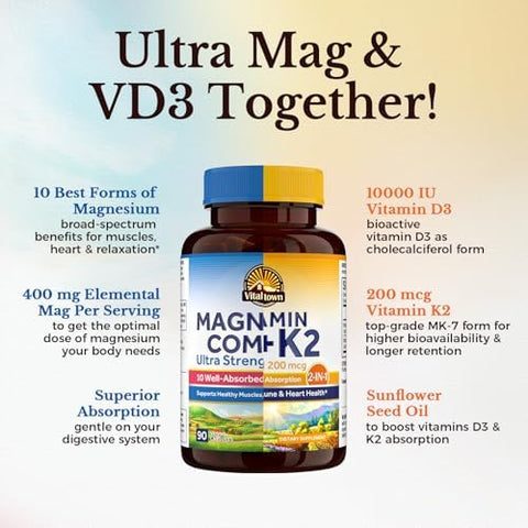 Vitalitown Ultra Magnesium & Vitamin D3 K2 Bundle (Pack Of 2) 10 In 1 Magnesium Complex & 10000 Iu D3 Mk-7 For Bone Muscle Heart Sleep Teeth & Immune 90 Mag Capsules & 90 D3 Softgels