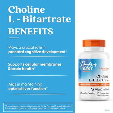 Doctor'S Best Choline Lbitartrate (Vitacholine) Supports Prenatal Health & Liver Function Nongmo Gluten Soy Vegan 60 Veggie Caps