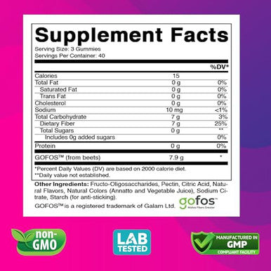 Vitabod Fiber Gummies 7G Per Serving For Digestive Health & Regularity Prebiotic Gofos Plant-Based Fiber No Sugar Added Vegan Berry Peach Strawberry 120 Gummies (Adults Women & Men)
