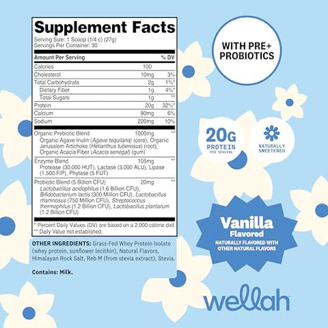 Wellah Grass-Fed Whey Protein Isolate Powder (Vanilla) 30 Servings - With Prebiotics Enzymes & Probiotics 20G Of Protein 100 Calories Naturally Sweetened