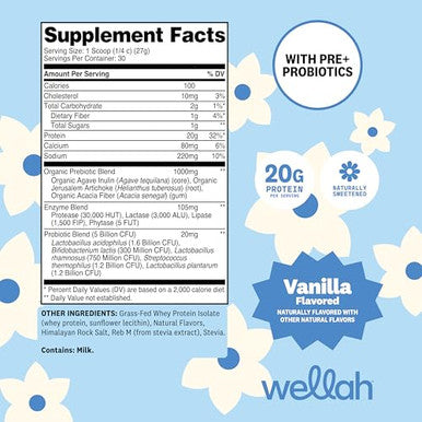 Wellah Grass-Fed Whey Protein Isolate Powder (Vanilla) 30 Servings - With Prebiotics Enzymes & Probiotics 20G Of Protein 100 Calories Naturally Sweetened