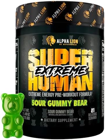 Alpha Lion Superhuman Extreme High Stim Pre Workout Powder Beta Alanine Ltaurine & 356Mg Trisource Caffeine For Sustained Energy Nitric Oxide & Citrulline For Pump (21 Servings Sour Gummy Bear)