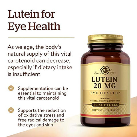 Solgar Lutein 20 Mg 60 Softgels - Supports Eye Health - Helps Filter Out Blue-Light - Contains Floraglo Lutein - Non-Gmo Gluten Free Dairy Free 60 Servings