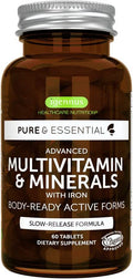 Pure & Essential Advanced Vegan Multivitamin & Minerals For Women With Iron, Methylated Folate, Clean Label, Non-Gmo, Sustained Release, 60 Tablets