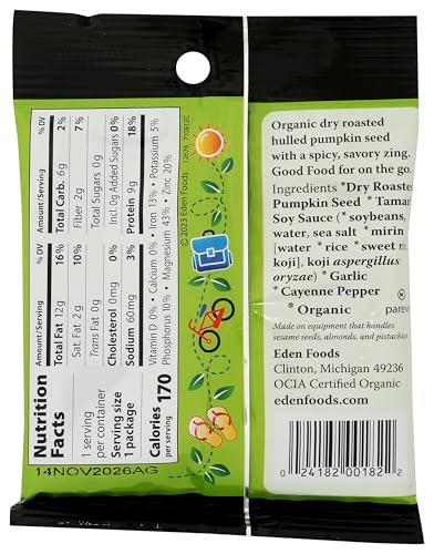 Eden Organic Spicy Pumpkin Seeds, Dry Roasted, Pocket Snacks, 1 Ounce (Pack of 12)