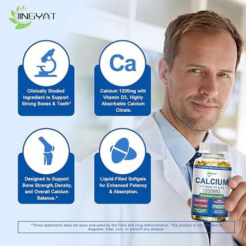 Calcium Supplements for Women Calcium 1200 mg with Vitamin D3 and K2 High Absorption Extra Strength Calcium Citrate for Bone Health Strength Density Muscle Heart Support Slow Release NonGMO