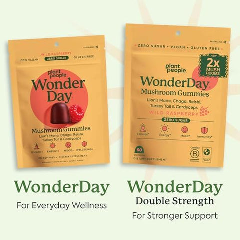 Plant People Wonderday Extra Strength Mushroom Gummies â€“ Sugar Lionâ€™S Mane Cordyceps Reishi & Chaga Supplement For Adults â€“ Mood Boost Energy Focus Immune Support & Gut Health â€“ Vegan Non-Gmo (60 Count)