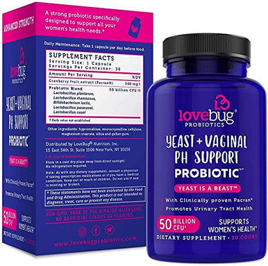 LoveBug Probiotics Complete Women's Health 50 Billion CFU Vaginal Care and pH Balance Probiotic Proven Ingredients with Pacran Promotes Urinary Tract Health Advanced Strength 30 Capsules