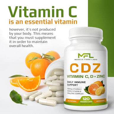 Muscle Food Labs | C D Z | Vitamin C 1000Mg | Vitamin D3 125Mcg | Zinc 25Mg | Non-Gmo & Gluten Free | 120 Vegetarian Capsules 120 Servings