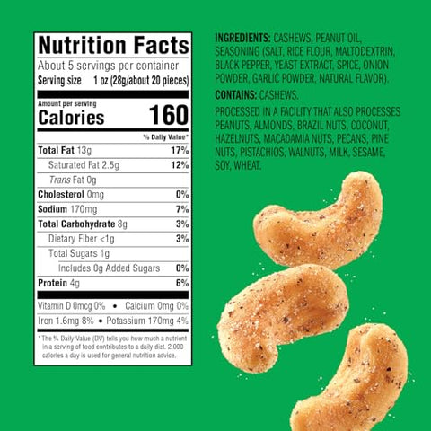Emerald Nuts Salt and Pepper Seasoned Cashews (1Pack) 5 Oz Resealable Bag Kosher Certified NonGMO Contains No Artificial Preservatives Flavors or Synthetic Colors