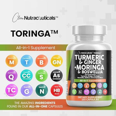 Turmeric Moringa Supplement Ginger Boswellia Saffron - Supplement For Women And Men With Ceylon Cinnamon, Tart Cherry, Quercetin Garlic Nettle Holy Basil - 1Pack