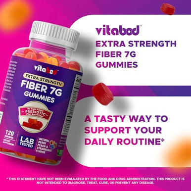 Vitabod Fiber Gummies 7G Per Serving For Digestive Health & Regularity Prebiotic Gofos Plant-Based Fiber No Sugar Added Vegan Berry Peach Strawberry 120 Gummies (Adults Women & Men)
