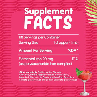 Llorens Pharmaceutical High Potency Iron Drops For Women 20Mg Elemental Iron (Polysaccharide Complex) Per 1Ml Gentle On Stomach Vegan Natural Sweeteners (Berry Daiquiri 4 Fl Oz)