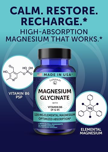 Lunakai Usa Made Pure Magnesium Glycinate Capsules 120Mg Elemental With B6 (P-5-P) High Absorption Magnesium Supplement For Women & Men - Daily Sleep & Muscle Support Non-Gmo 90Ct