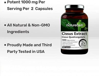 NatureBell Cissus Quadrangularis Capsules 1000mg Per Serving 180 Capsules Premium Cissus Capsules Support Joint Tendon Bone Skin Hair and Cartilage.
