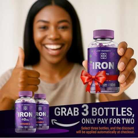 Elements Iron Gummies 40Mg With Vitamin C 100Mg Best Iron Supplement For Women Men & Adults Blood Builder For Anemia Immune Support & Energy Booster Fruit Pectin Vegan Non-Gmo
