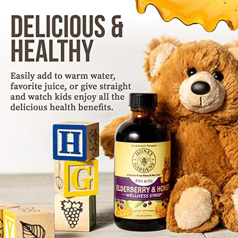 Honey Gardens Elderberry Syrup For Kids With Honey Kids Elderberry Syrup 6.4 Mg Of Elderberry Honey Syrup With Organic Raw Honey Organic Ecea Purpurea And Elderflower 24 Servings 4 Fl. Oz.