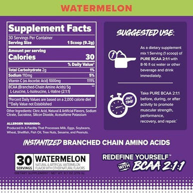 Finaflex Pure Bcaa 2:1:1 Watermelon 9.7 Oz Promotes Strength Recovery & Performance With 2:1:1 Ratio Of Leucine Isoleucine & Valine + Vitamin C 30 Servings