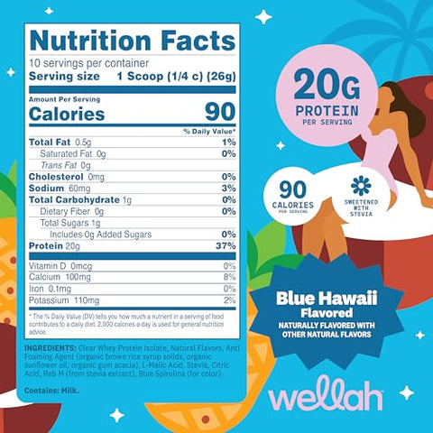 Wellah Clear Whey Protein Isolate Powder (Blue Hawaii) 10 Servings - 20G Of Protein 90 Calories Sweetened With Stevia