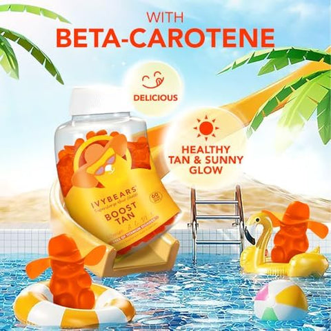 Ivybears Glow Tanning Gummies - Beta Carotene Vitamin A C D2 & E - [Ai Tanning Specialist Ada] Supports Healthy Tan & Glow - Vegan & Made In Germany - Pack Of 60 - Boost Tan