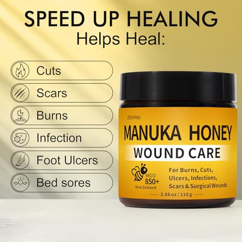 Manuka Honey for Wounds, Speed up Healing for Cuts, Surgical Wounds, Scars, Foot Ulcers, Infection, Burns, Non-Sticky, No Crystallization, Easy to Apply, 3.88 oz