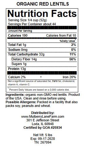 Red Lentils 5 Pounds USDA Certified Organic, Non-GMO Bulk, Product of USA, Mulberry Lane Farms