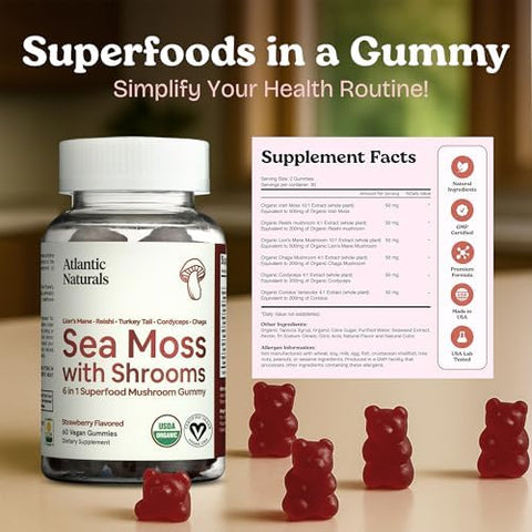Sea Moss Gummies with Lions Mane Mushroom Sea Moss Gel Alternative with Irish Moss Reishi Cordyceps Chaga and Turkey Tail Supplement Focus Gummy Without Coffee 60 ct