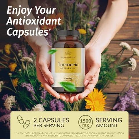 Herbamama Curcumin Turmeric Capsules - 1500Mg Curcuma Longa And Black Pepper Extract For Uric Acid & Digestive Support - Vegan Non-Gmo Turmeric Antioxidant Supplement 250 Caps