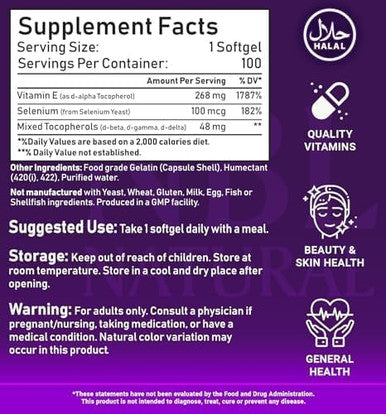 Nbl Natural NBL Natural Vitamin E-400 Mixed Tocopherols & Selenium 100 softgel Supports Heart Skin Immune Health & Antioxidant Protection for men and women