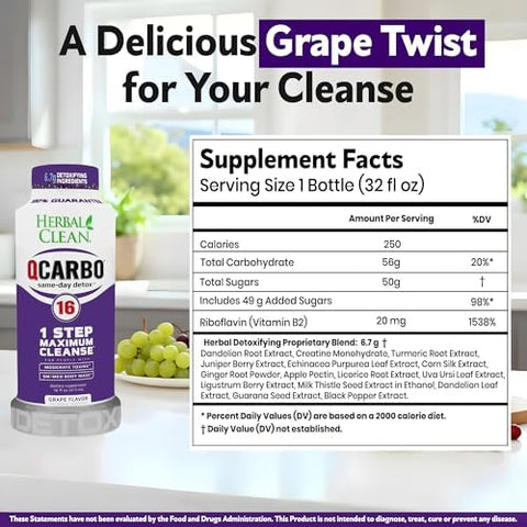 Herbal Clean Qcarbo16 Sameday Detox Cleanse Drink (16 Fl Oz) Grape Flavor Full Body Cleanse Detox Drink For Moderate Toxin Level Vitamin B2 And Vitamin B12 For Men & Women