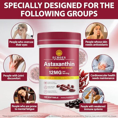 Echoes Of The Spring Astaxanthin 12Mg Natural Astaxanthin From Haematococcus Pluvialis Triple Strength Antioxidant Supplement For Eye Skin Joint & Immune Support (120 Count (Pack Of 1))