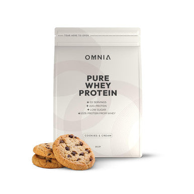 OMNIA Pure Whey Protein Powder Nutrition Low Carbs and Low Sugar Muscle Building Powder Over 22G Protein Per Serving - 33 Servings - 1 KG - Cookies and Cream