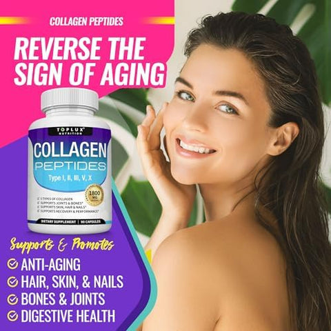 Toplux Multi Collagen Peptides Pills 1800 Mg Complex Type I Ii Iii V X Premium Collagen Complex For Better Skin & Hair Strong Joint Hydrolyzed Protein For Men Women 90 Capsules Supplement