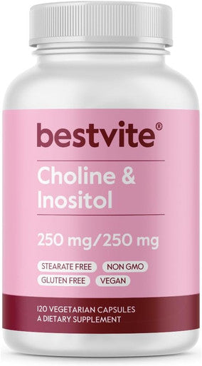 Bestvite Choline Inositol 500mg (120 Vegetarian Capsules) - No Stearates - No Fillers - No Dicalcium Phosphate - Vegan - Non GMO - Gluten