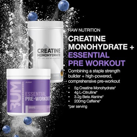 Raw Nutrition Creatine Monohydrate & Grape Pre-Workout Powder Bundle