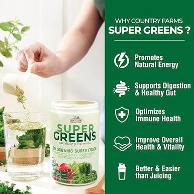 Country Farms Super Greens Power Pack 50 Organic Super Foods Greens Powder With Probiotics For Gut Health & Bloating Relief Supports Energy Unflavored & Berry 40 Serving