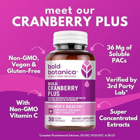 Bold Botanica Bold Cranberry Plus 36 Mg Pacs 100% Soluble PacUrinary Tract Uti Support- Cranberry Pills For Women & Men- With Non-Gmo Vitamin C 30 Vegan Capsules