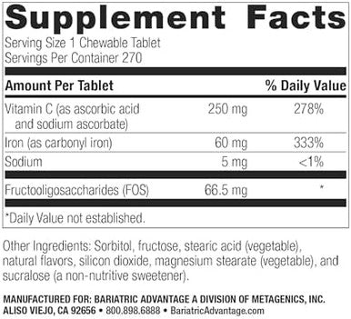 Bariatric Advantage Chewable Iron 60 Mg With Vitamin C For Increased Absorption And Utilization Easily Digestible For Gastric Bypass And Sleeve Gastrectomy Surgery Patients Lemon Lime 90 Count